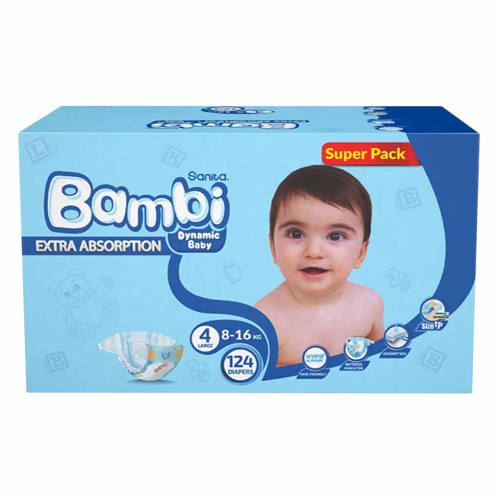 Sanita Bambi Diapers Super  Pack Large Size-4 124 Count 8-, 16 Kg