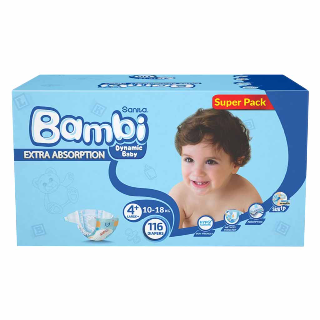 Sanita Bambi Diapers Super  Pack Large Size-4 116 Count 10-, 18 Kg