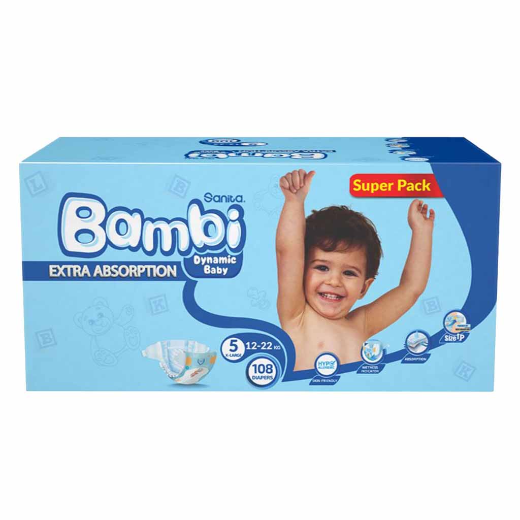 Sanita, Bambi Diapers Super Pack XL Size 5, Extra absorbent diapers for toddlers 12-22 kg, 108 pieces