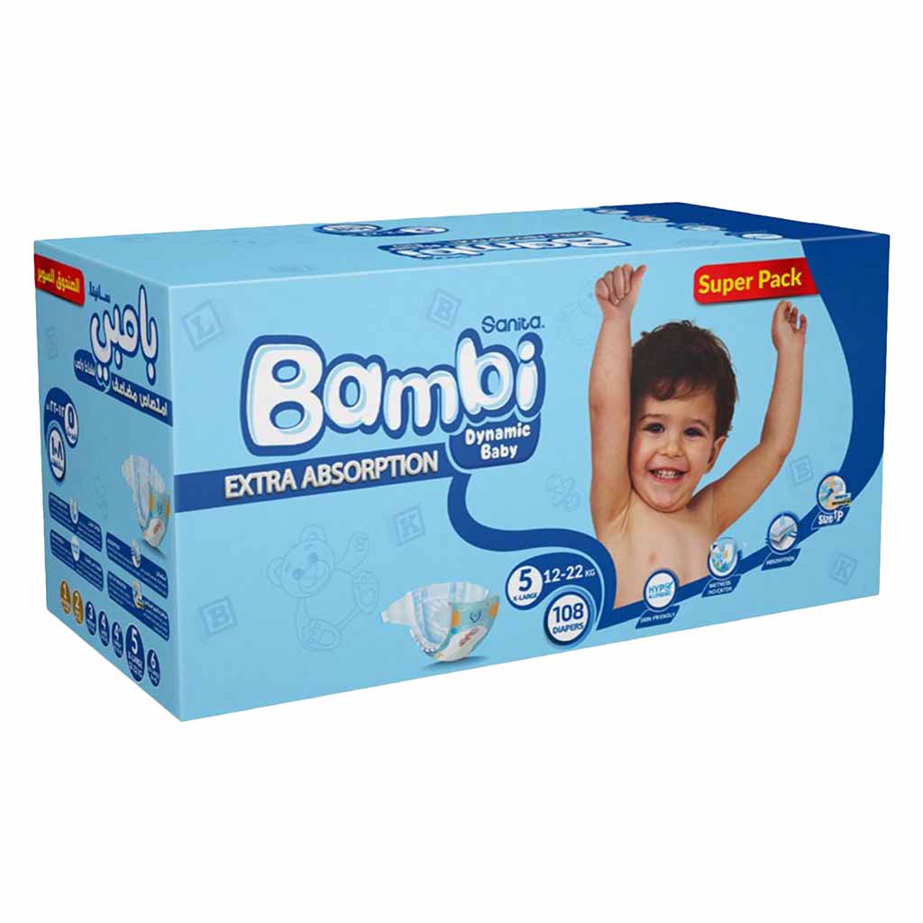 Sanita, Bambi Diapers Super Pack XL Size 5, Extra absorbent diapers for toddlers 12-22 kg, 108 pieces