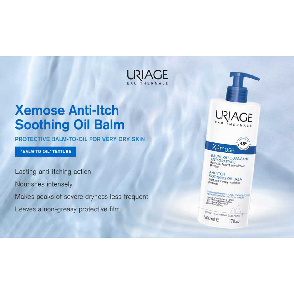 Uriage, Xemose Soothing Anti-Itching Oil Balm, Relieves itching and restores skin barrier, 500 milliliters