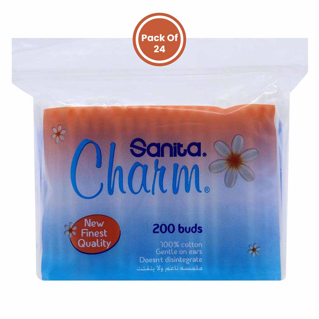 Sanita Charm Zip Bag 100% Cotton Ear Buds 200 Pieces x Pack of 24