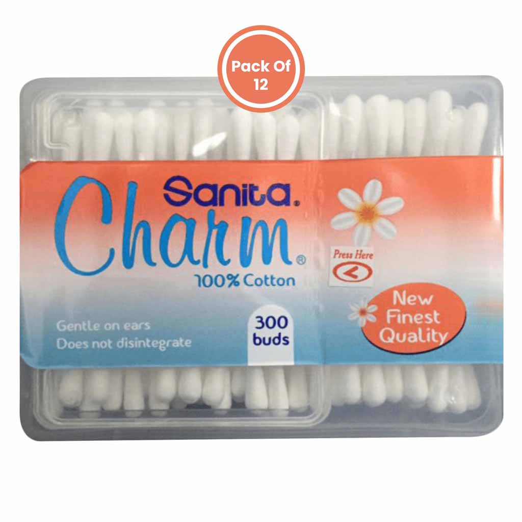 Sanita Charm 100% Cotton Ear Buds 300 Pieces x Pack of 12