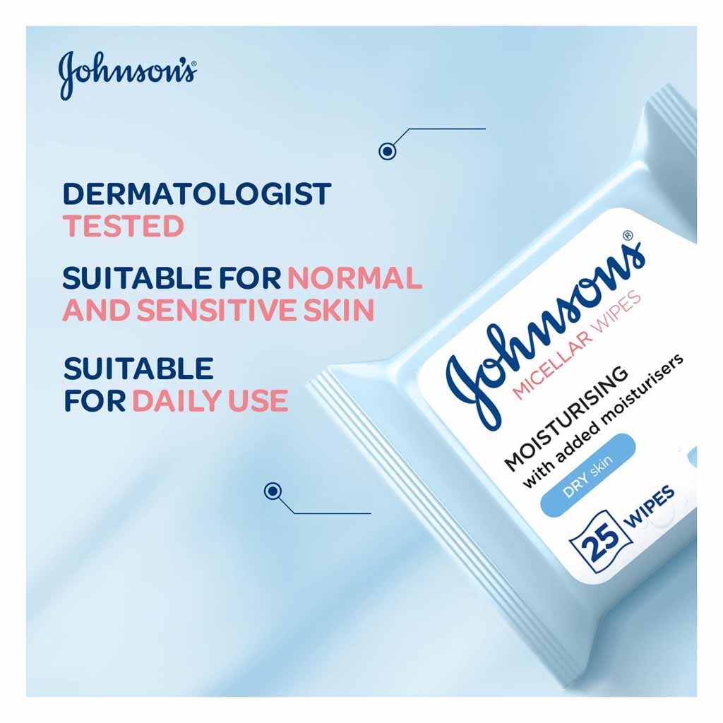 Johnson’s, Adult Micellar Wipes with Moisturizers, Gentle cleansing wipes for dry skin, 25 count