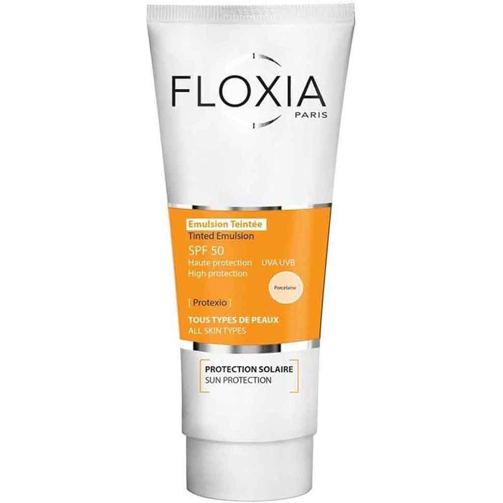Floxia, Tinted Emulsion Protexio, SPF 50 tinted sunscreen providing broad-spectrum protection, Shade Porcelaine, 50 ml