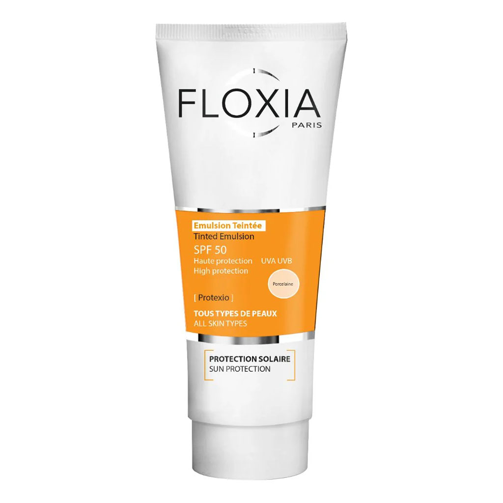 Floxia, Tinted Emulsion Protexio, SPF 50 tinted sunscreen providing broad-spectrum protection, Shade Porcelaine, 50 ml