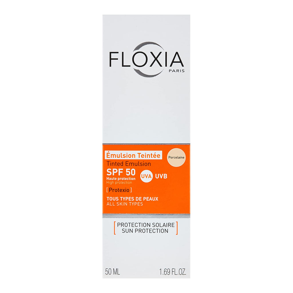 Floxia, Tinted Emulsion Protexio, SPF 50 tinted sunscreen providing broad-spectrum protection, Shade Porcelaine, 50 ml