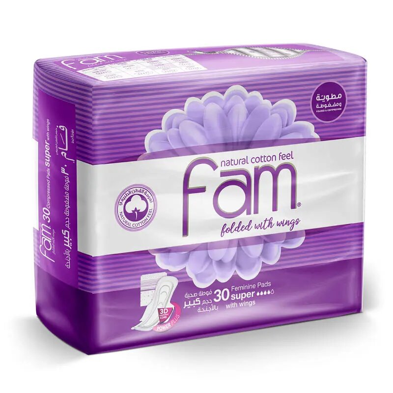 Fam, Trifold Super Sanitary Pads, Extra absorbent sanitary pads, large size