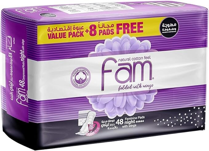 Fam, Trifold Night Sanitary Pads Vpack, Overnight absorbent sanitary pads for heavy flow