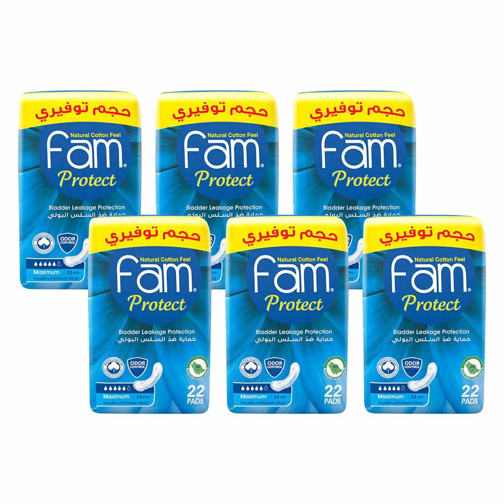 Fam Protect Incontinence Maximum Sanitary Pads 22 Count x Pack of 6