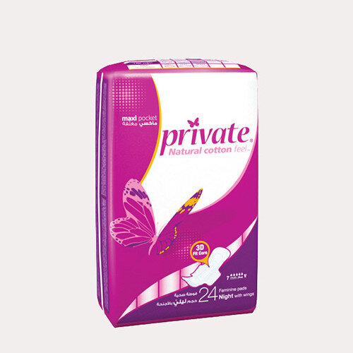 Private, Maxi Pocket Night Sanitary Pads, Extra absorbent overnight protection, 24 pcs