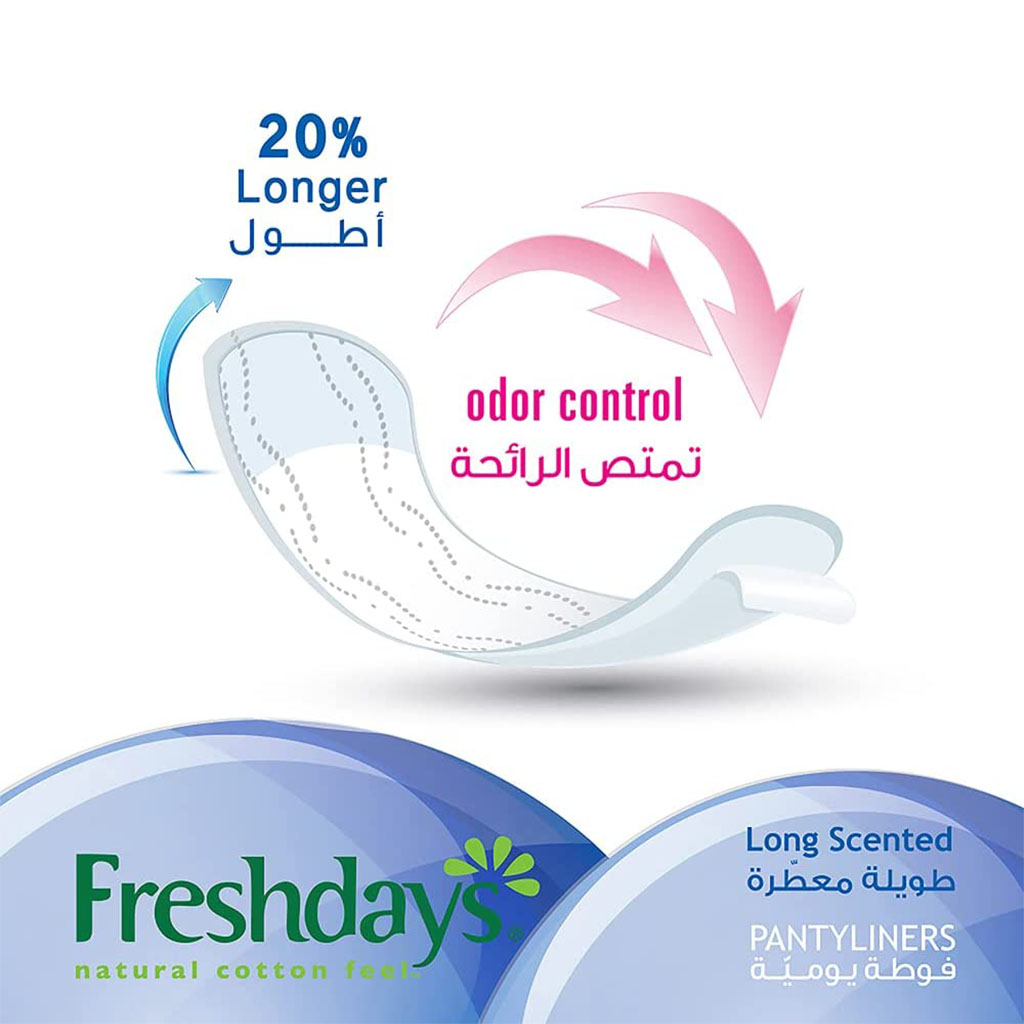 Freshdays Natural Cotton Feel Flexy Fit Odour Control Long Scented Pantyliners, Pack of 72