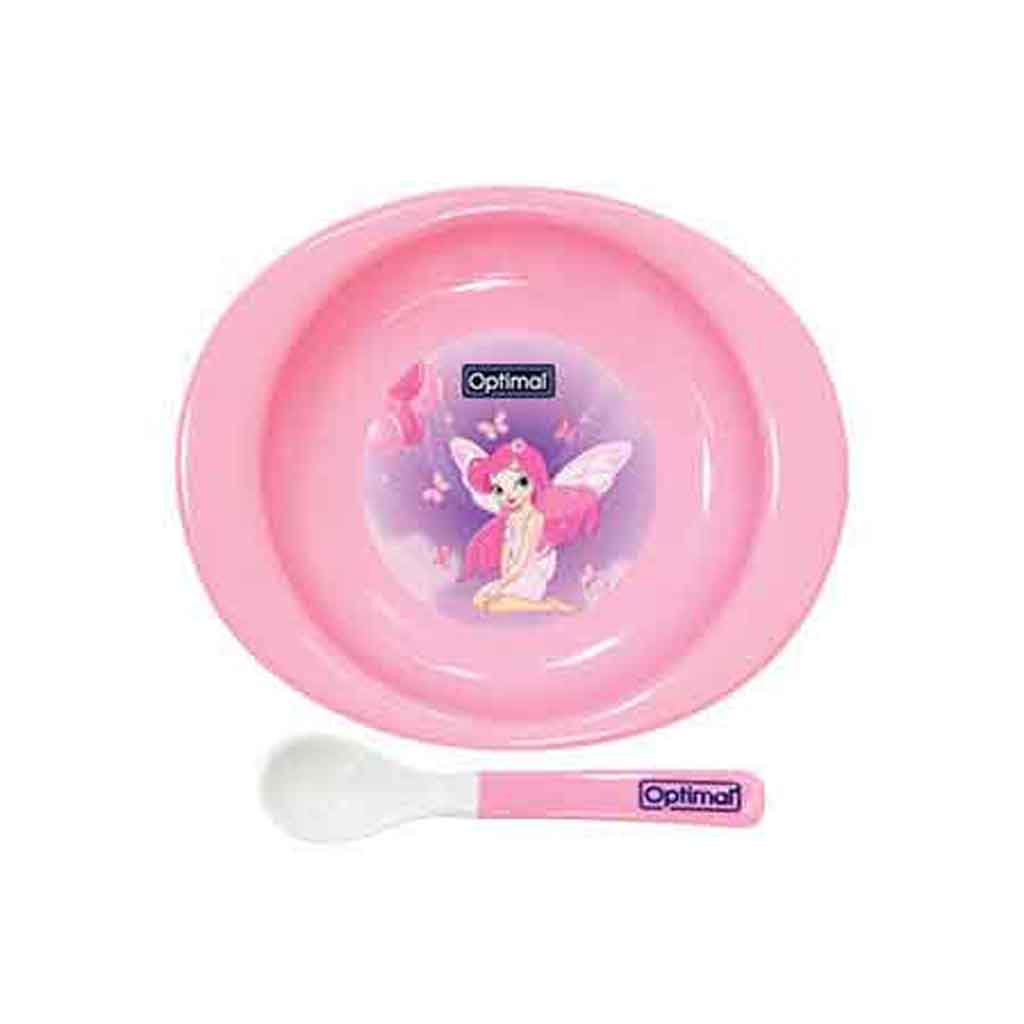 Optimal, Feeding Plate with Silicone Tip Spoon (4M+) Pink, Safe feeding plate with soft silicone spoon tip