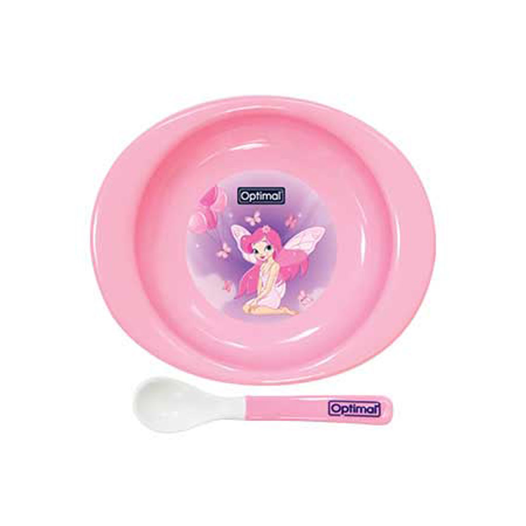 Optimal, Feeding Plate with Silicone Tip Spoon (4M+) Pink, Safe feeding plate with soft silicone spoon tip