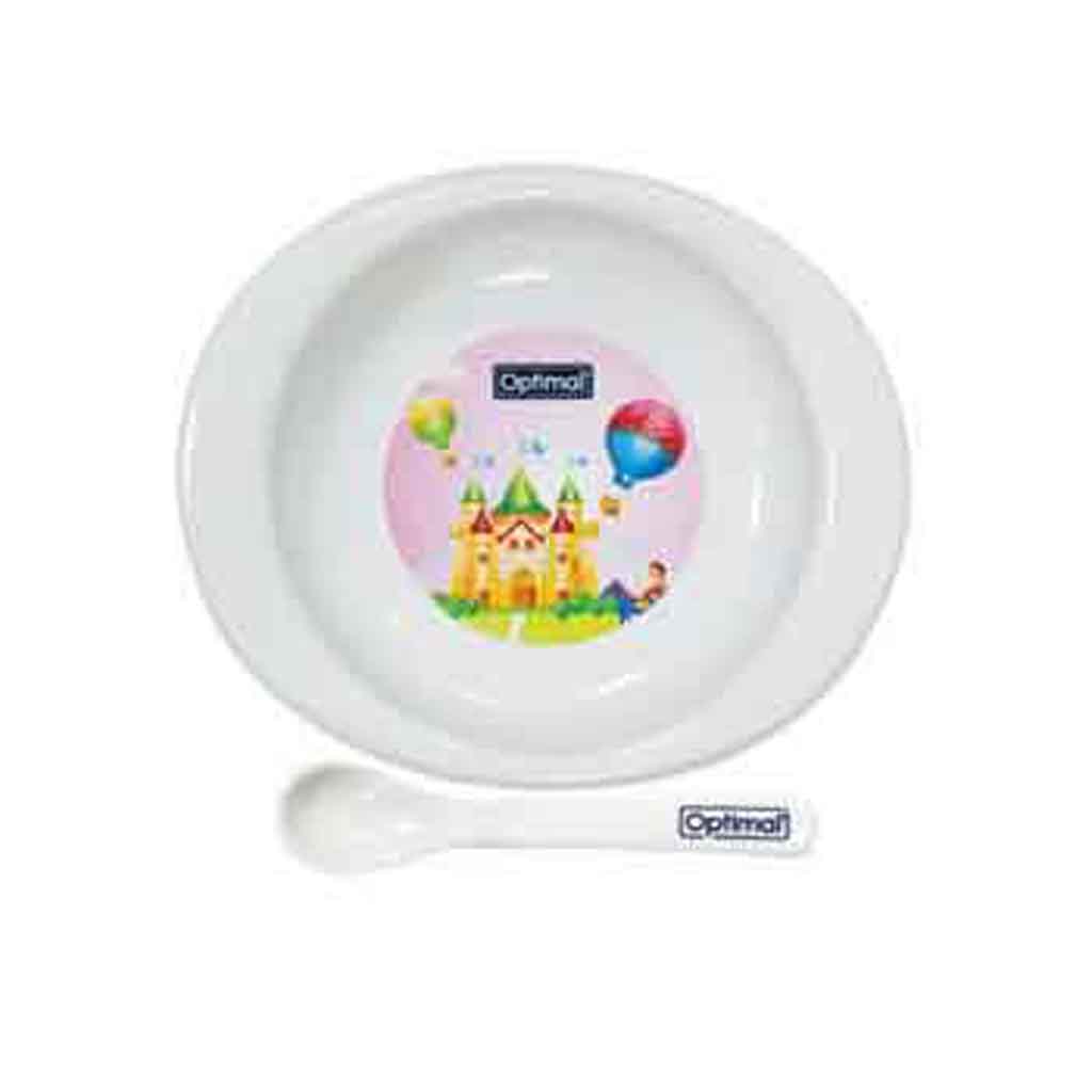 Optimal, Feeding Plate with Silicone Tip Spoon (4M+) White, Safe feeding plate with soft silicone spoon tip