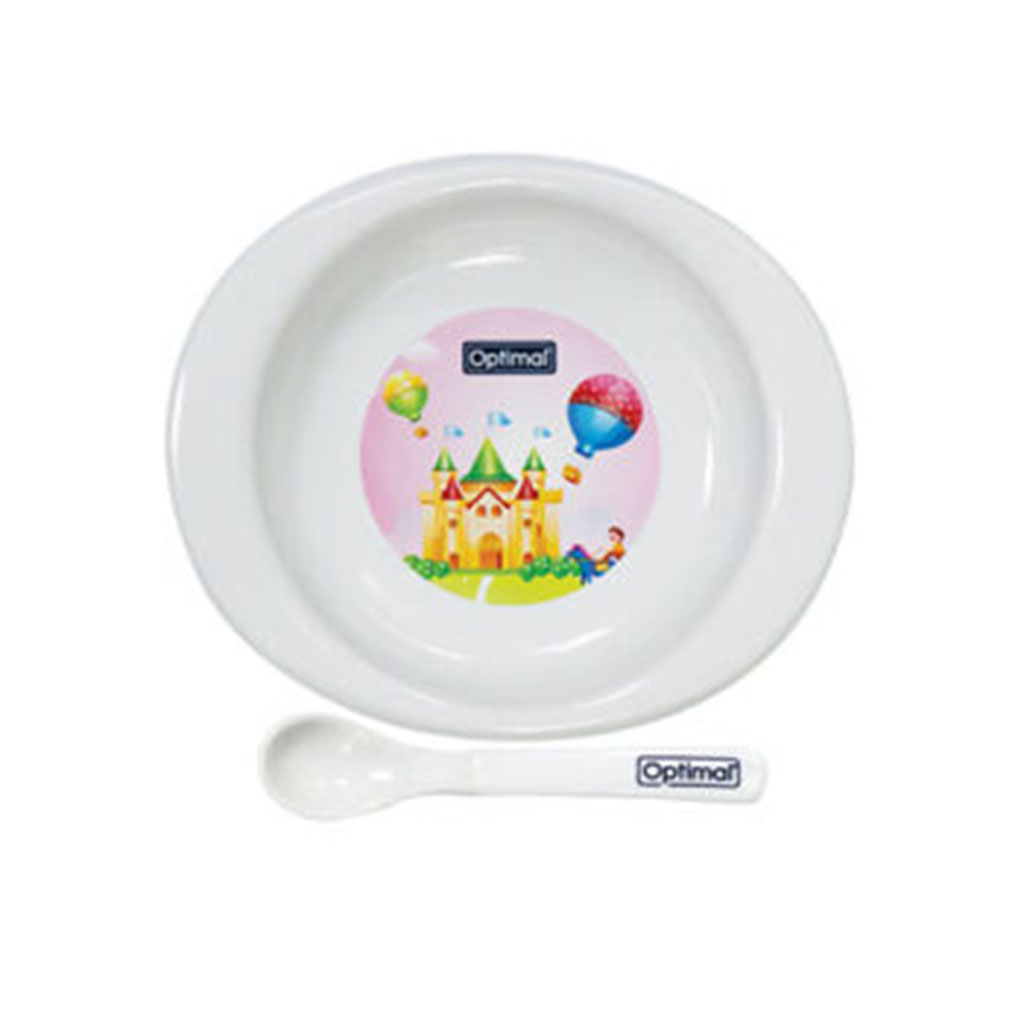 Optimal, Feeding Plate with Silicone Tip Spoon (4M+) White, Safe feeding plate with soft silicone spoon tip