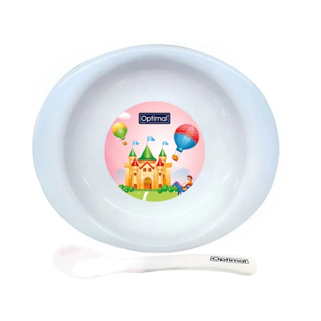 Optimal, Feeding Plate with Silicone Tip Spoon (4M+) White, Safe feeding plate with soft silicone spoon tip