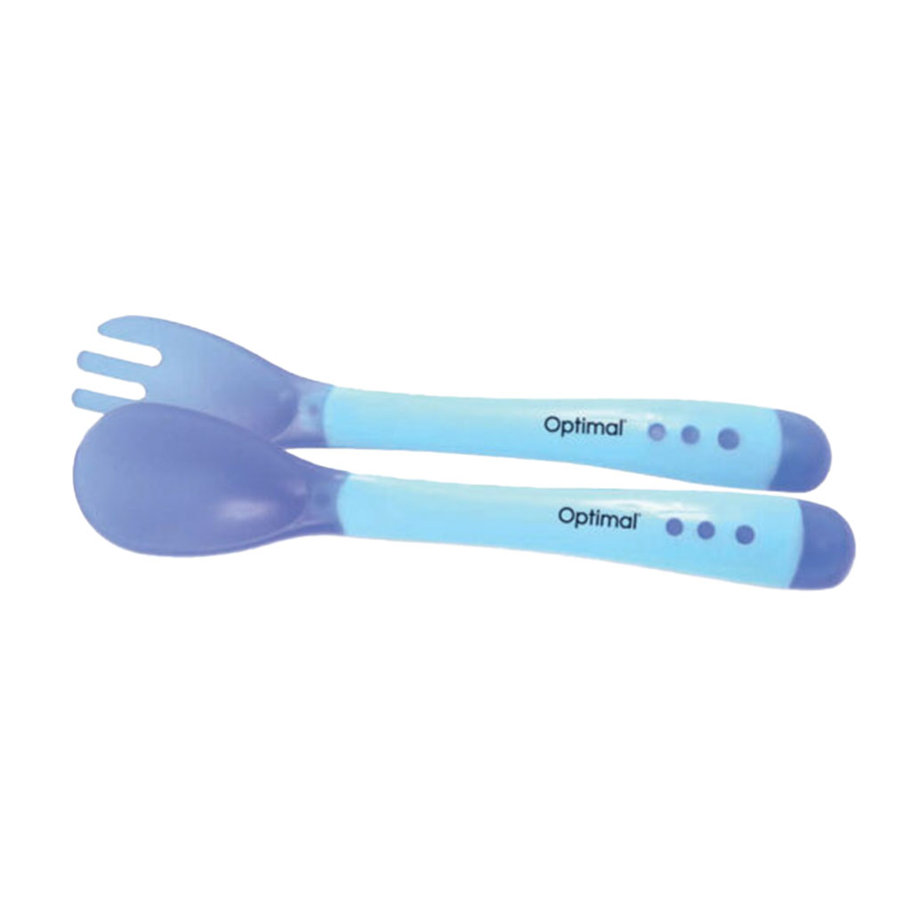 Optimal, Flexible Silicone Spoon & Fork Blue, Soft silicone feeding utensils for babies 4 months plus