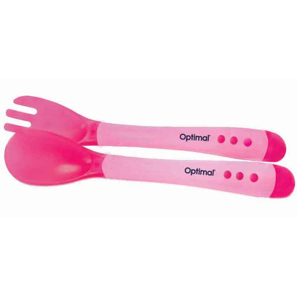 Optimal, Flexible Silicone Spoon and Fork Set, Safe and soft utensils for babies 4 months and older, Pink color