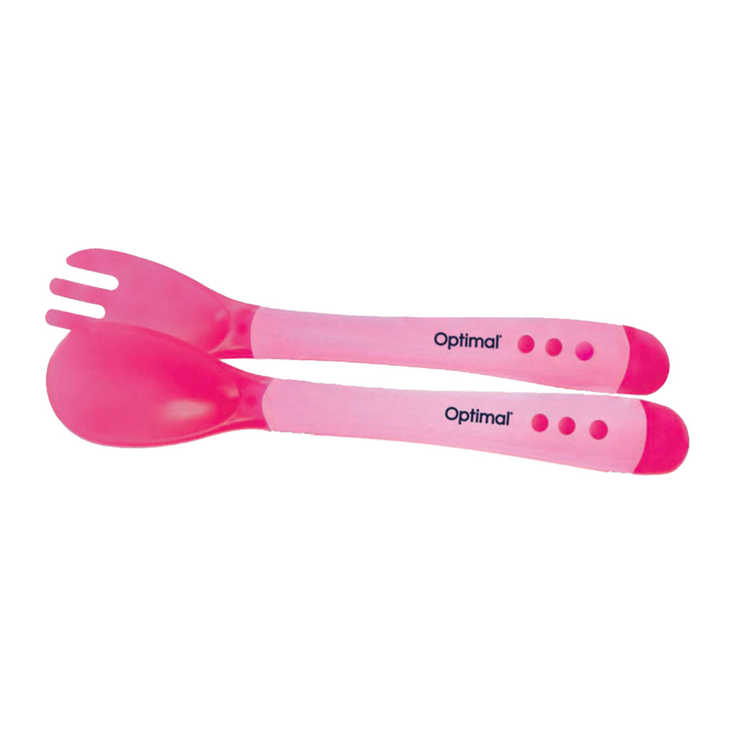 Optimal, Flexible Silicone Spoon and Fork Set, Safe and soft utensils for babies 4 months and older, Pink color