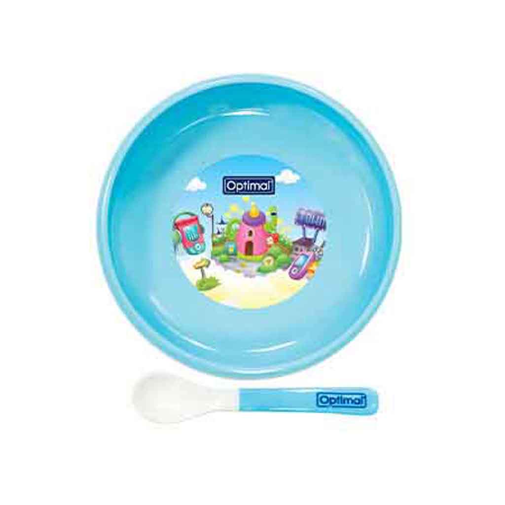 Optimal, Non-Slip Feeding Plate with Silicone Tip Spoon (4M+) Blue, Anti-slip feeding plate with soft silicone spoon tip