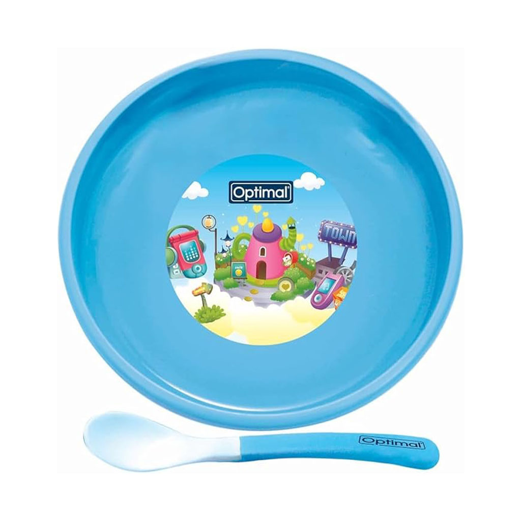 Optimal, Non-Slip Feeding Plate with Silicone Tip Spoon (4M+) Blue, Anti-slip feeding plate with soft silicone spoon tip