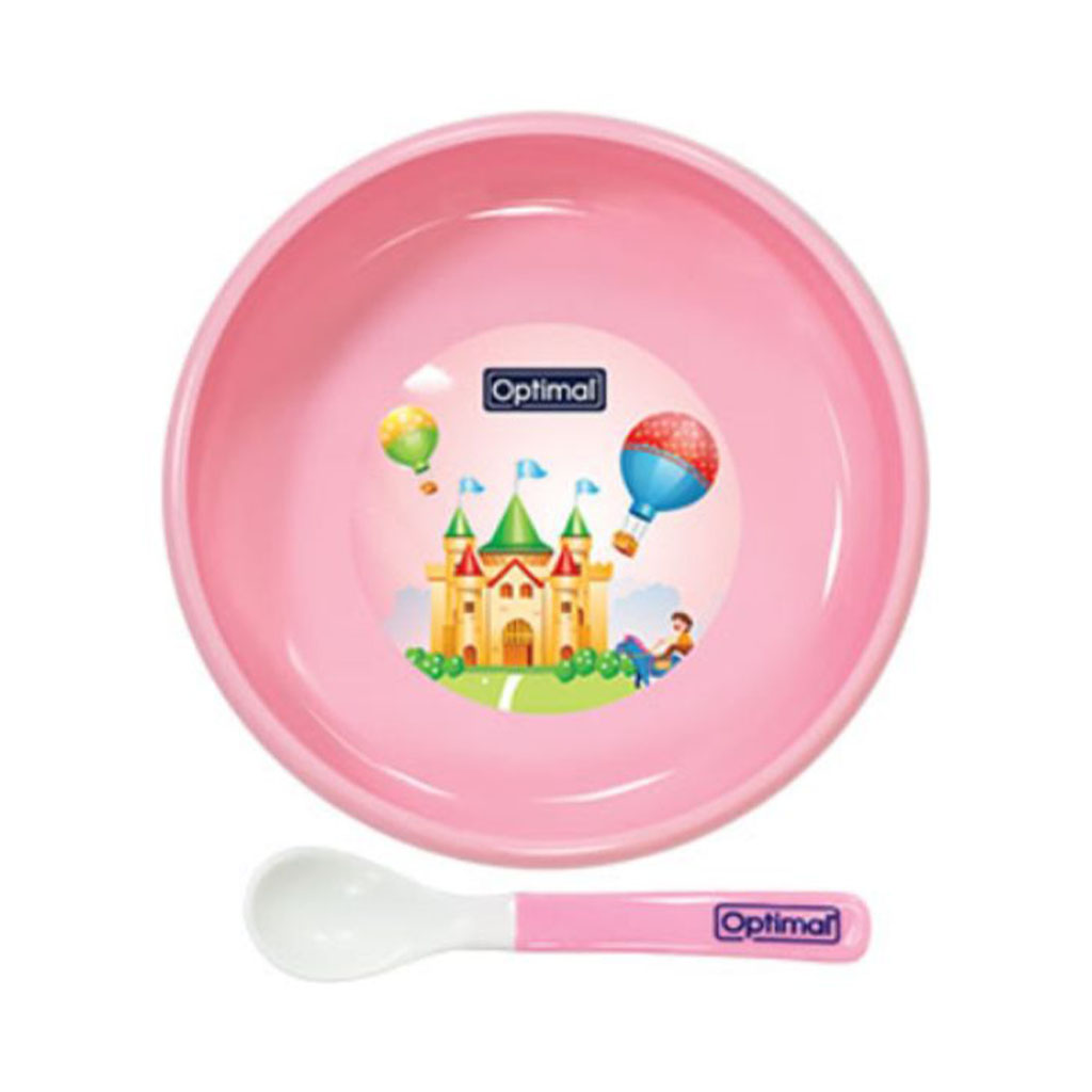 Optimal, Non-Slip Feeding Plate with Silicone Tip Spoon, Safe feeding set for babies 4 months and older, Pink