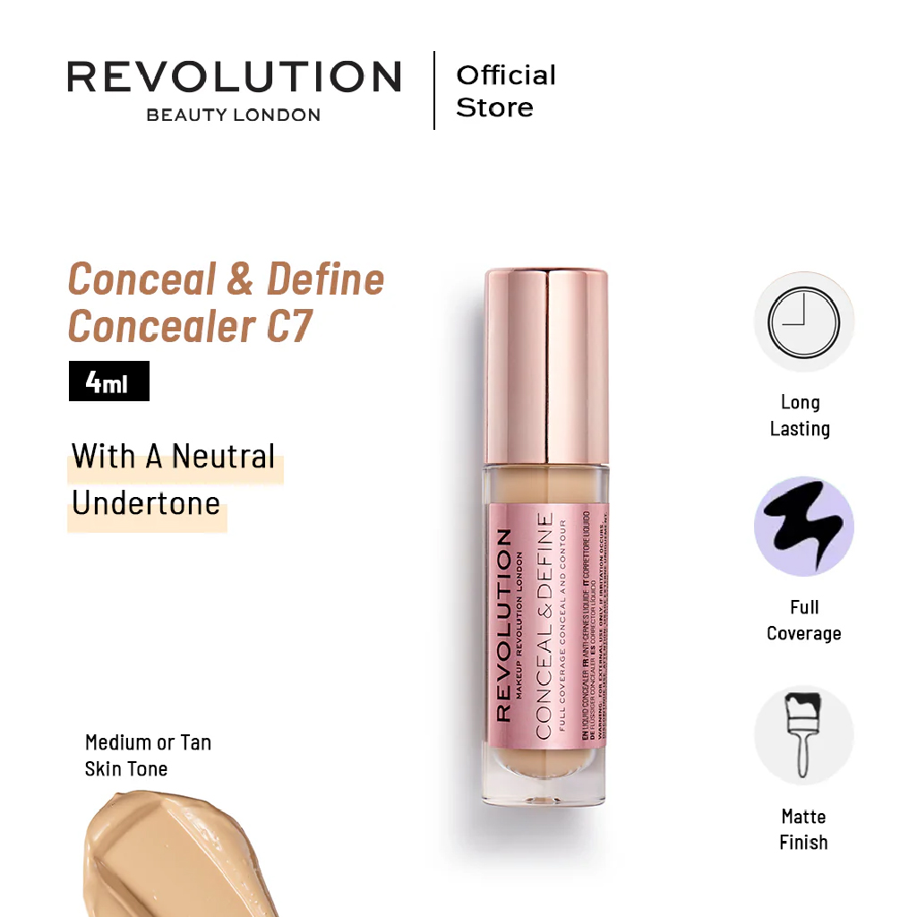 Makeup Revolution, Conceal & Define Concealer, Full coverage liquid concealer for flawless skin, C7