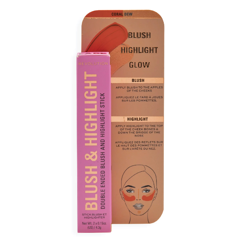 Makeup Revolution, Blush & Highlight Stick, Coral Dew