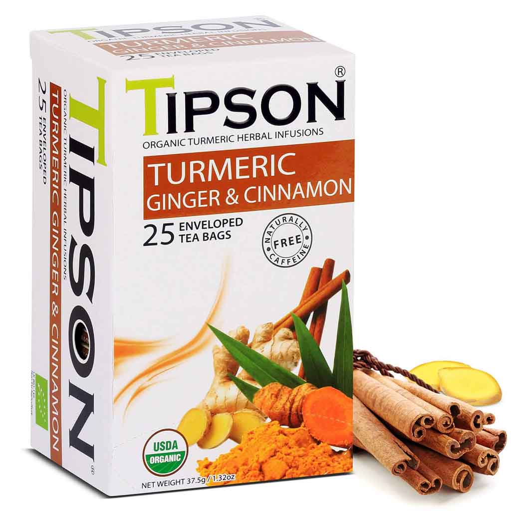 Tipson, Turmeric Ginger Cinnamon Tea Bags, Herbal tea blend for digestion and wellness, 25 tea bags