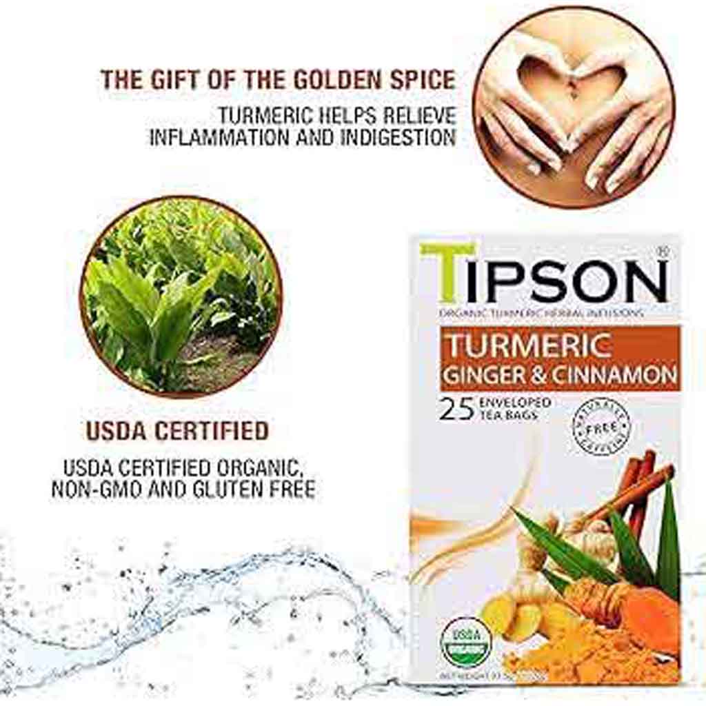 Tipson, Turmeric Ginger Cinnamon Tea Bags, Herbal tea blend for digestion and wellness, 25 tea bags