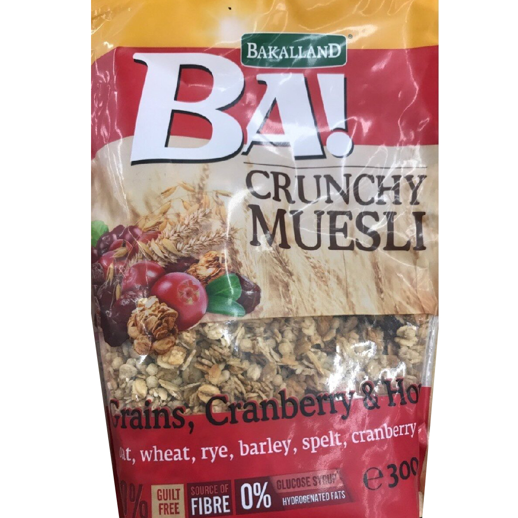 BAKALLAND BA! CRUNCHY MUESLI: 5 GRAINS & CRANBERRY 300G