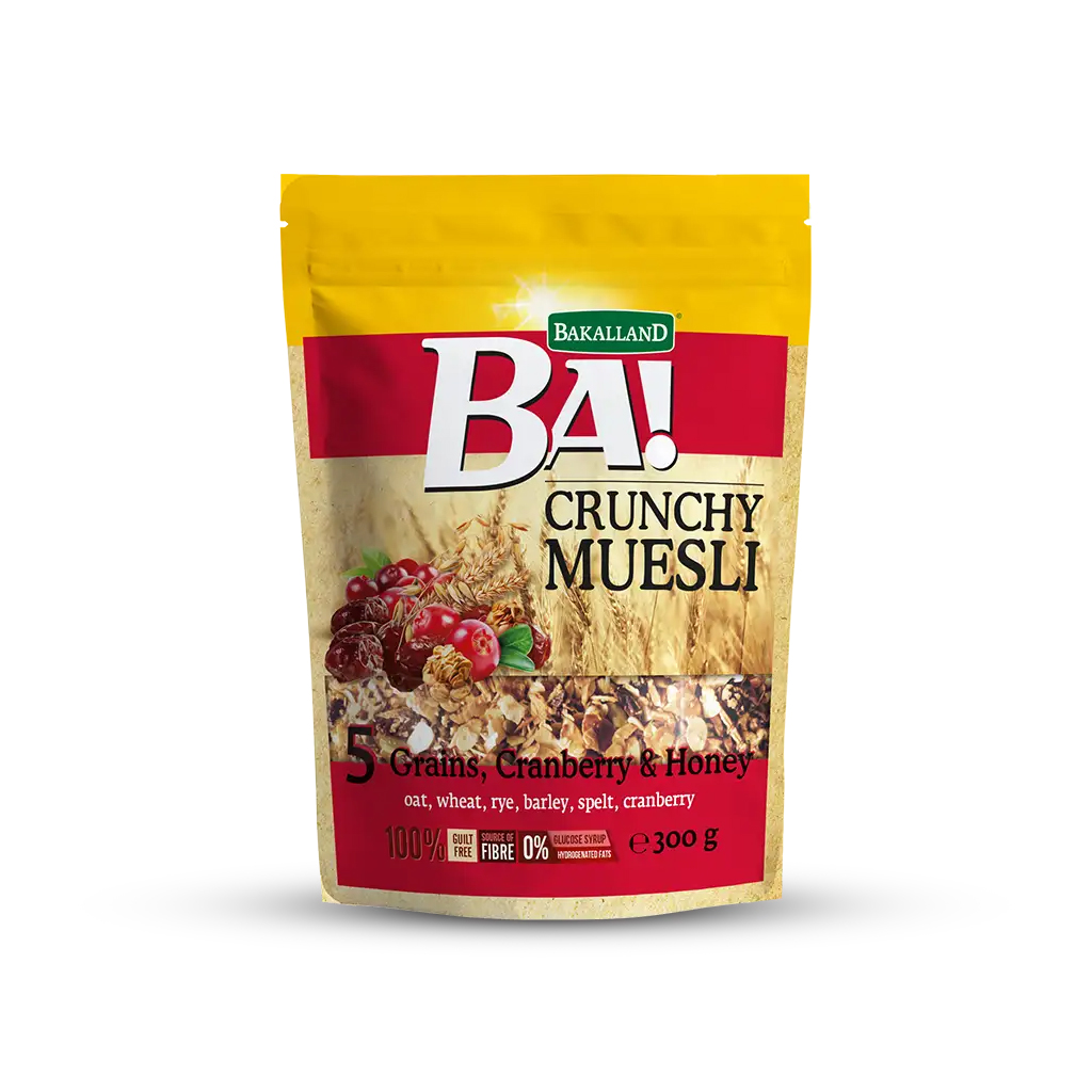 BAKALLAND BA! CRUNCHY MUESLI: 5 GRAINS & CRANBERRY 300G