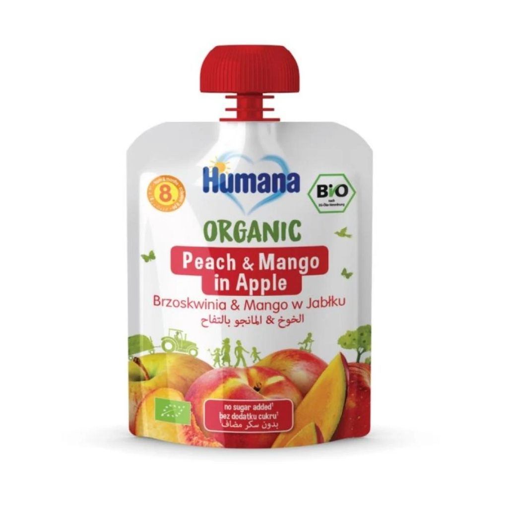 Humana, Baby peach and mango puree, Smooth fruit puree for baby nutrition, 90g