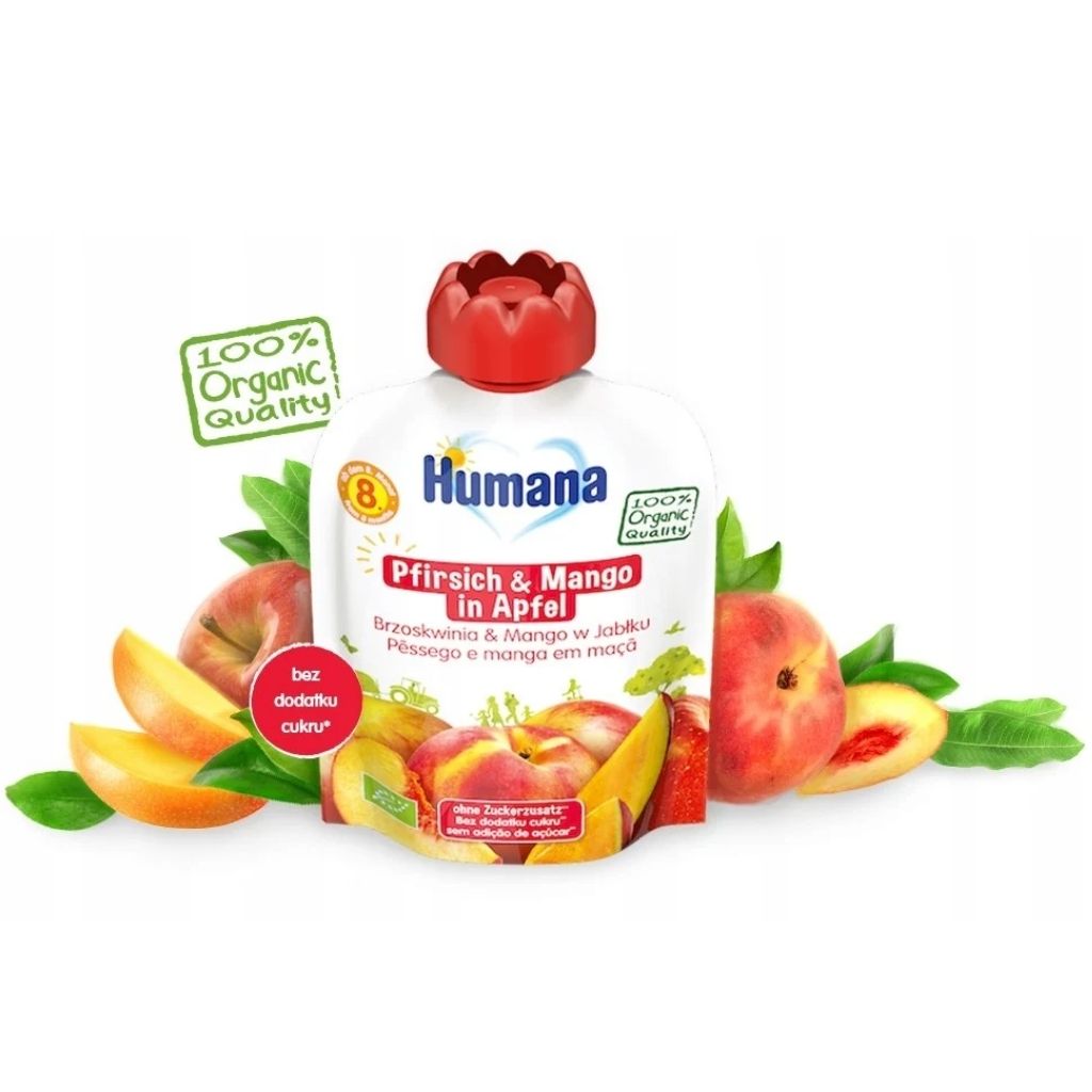 Humana, Baby peach and mango puree, Smooth fruit puree for baby nutrition, 90g