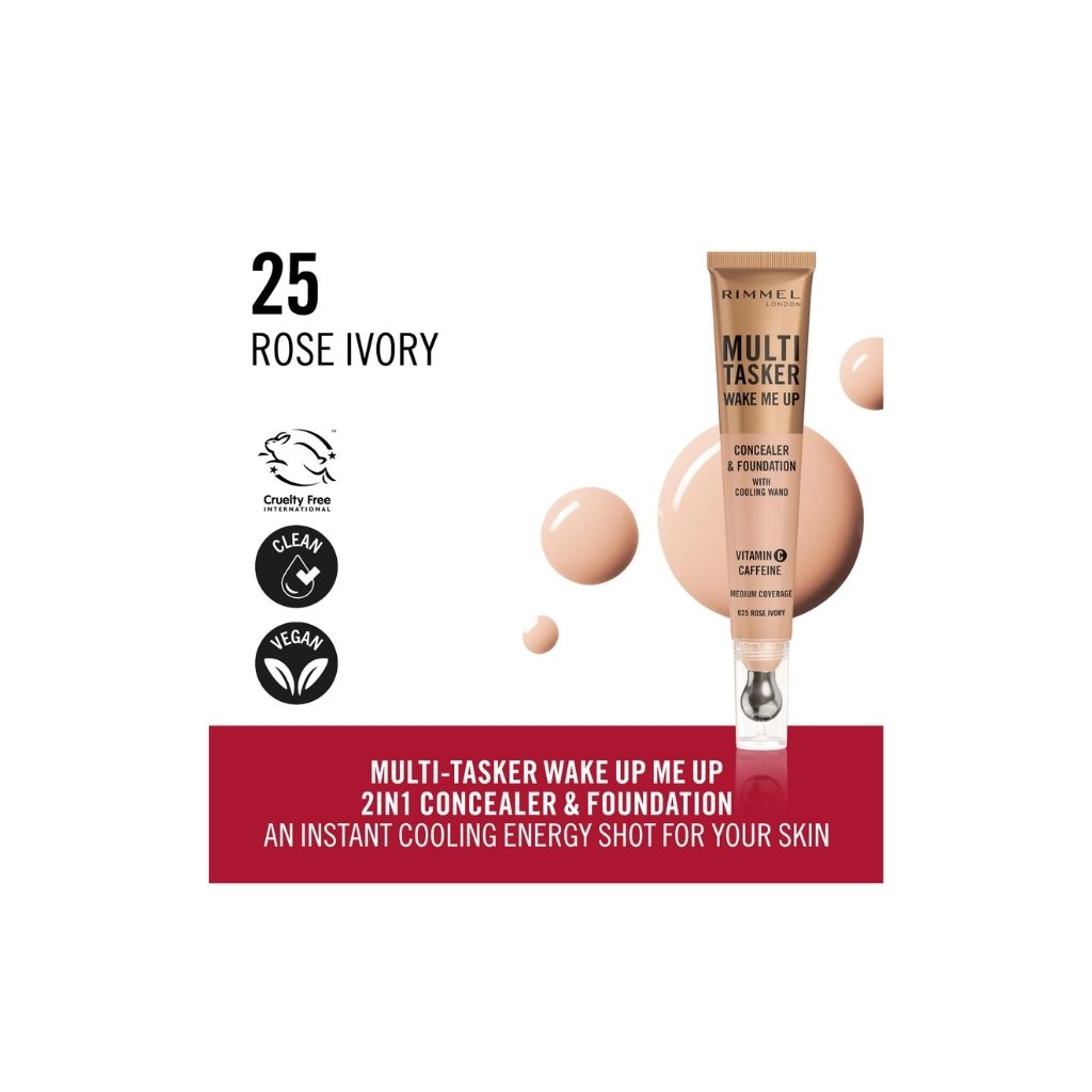 Rimmel, Multi-Tasker Wake Me Up Foundation and Concealer, Brightening formula for natural coverage, Shade 025 Rose Ivory
