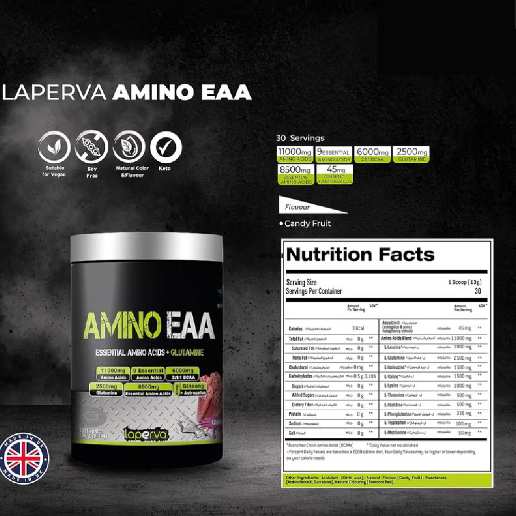 Laperva, Amino EAA Blue Raspberry, Essential amino acids powder with blue raspberry flavor, 390g