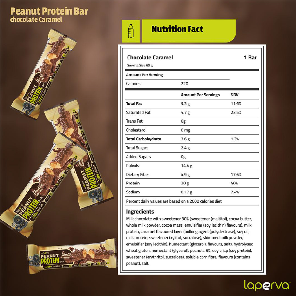 Laperva, Latte Peanut Chocolate Caramel Bar, Creamy peanut and chocolate flavored protein bar, 60g