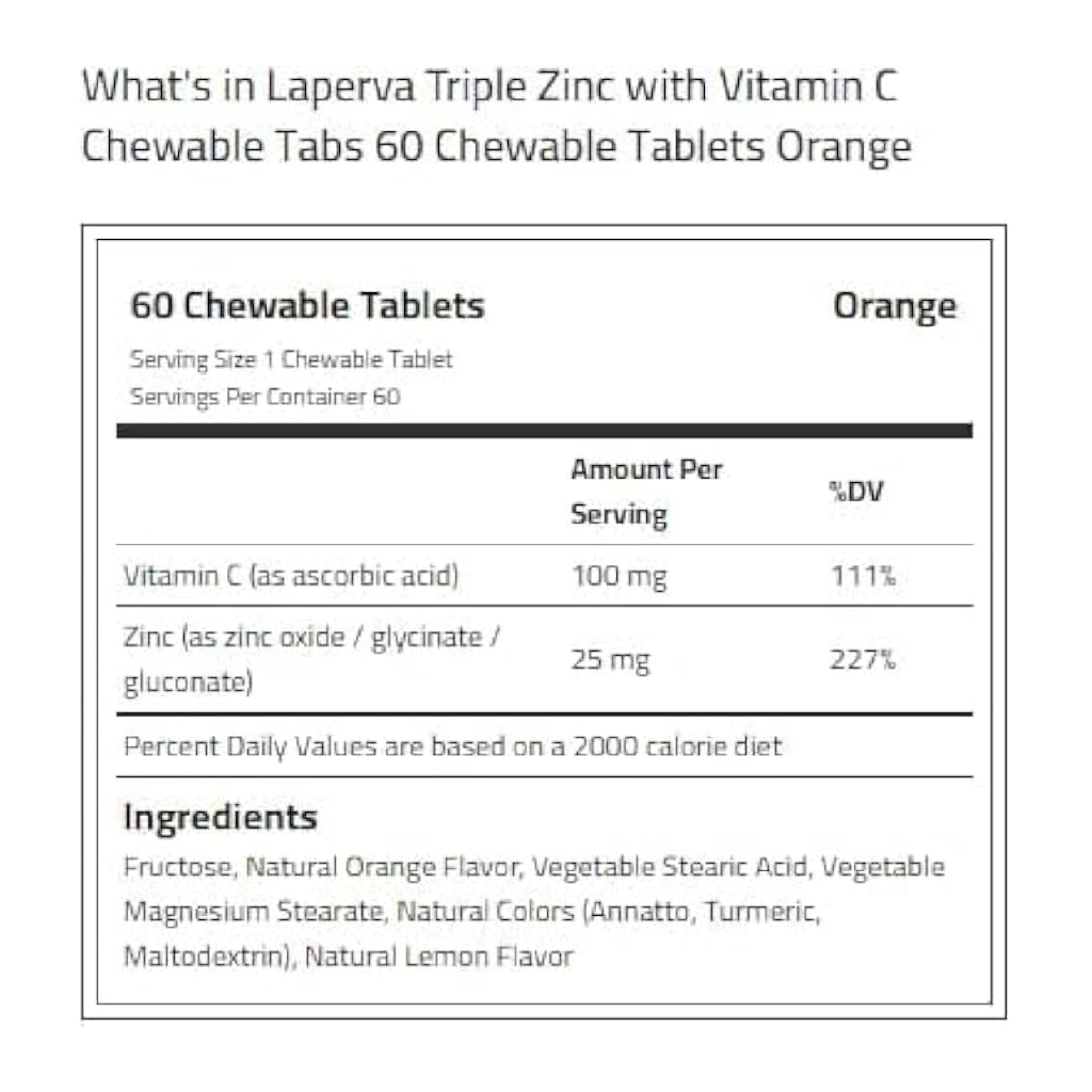 Laperva, Triple Zinc with Vitamin C Chewable Tablets, Immune support zinc and vitamin C supplement, 60 chewable tablets
