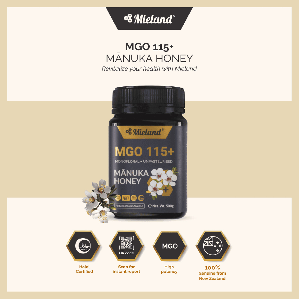 Mieland, Manuka Honey MGO 115+, Natural antibacterial honey for skin and health, 250g sachets