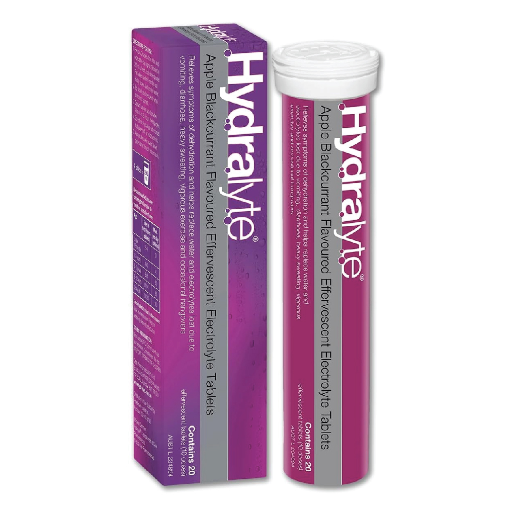 Hydralyte, Effervescent Apple Blackcurrant Oral Rehydration Tablets, Electrolyte replacement for dehydration, 20 tablets