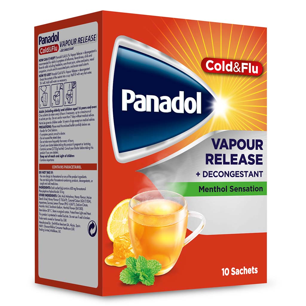 Panadol, Cold and Flu Vapour Release + Decongestant Sachets, Hot lemon and honey flavor for cold relief, 10 sachets