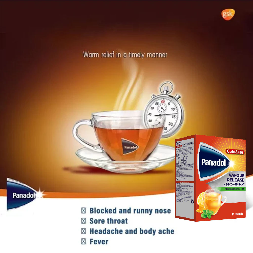 Panadol, Cold and Flu Vapour Release + Decongestant Sachets, Hot lemon and honey flavor for cold relief, 10 sachets