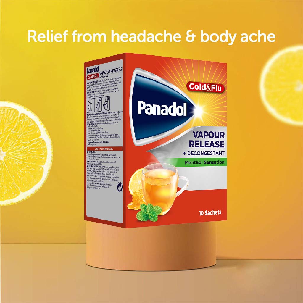 Panadol, Cold and Flu Vapour Release + Decongestant Sachets, Hot lemon and honey flavor for cold relief, 10 sachets