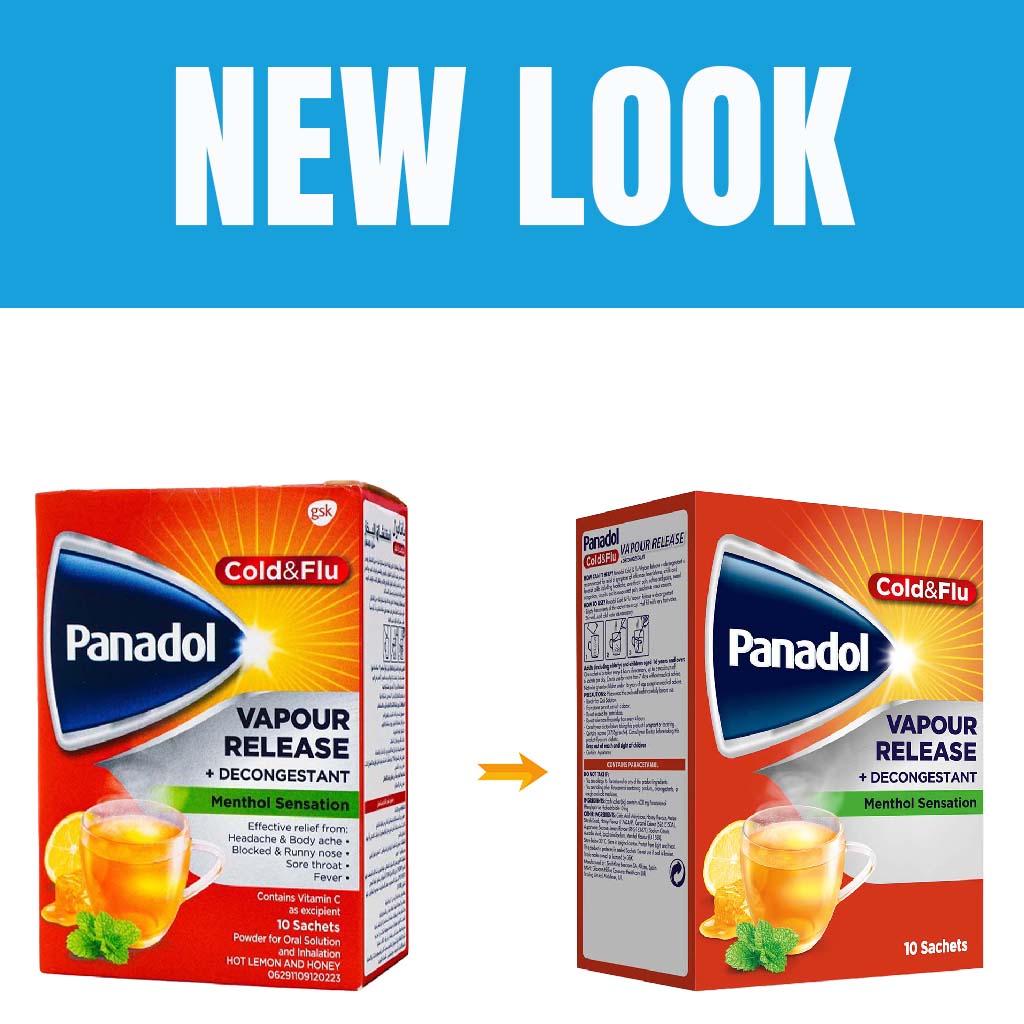 Panadol, Cold and Flu Vapour Release + Decongestant Sachets, Hot lemon and honey flavor for cold relief, 10 sachets
