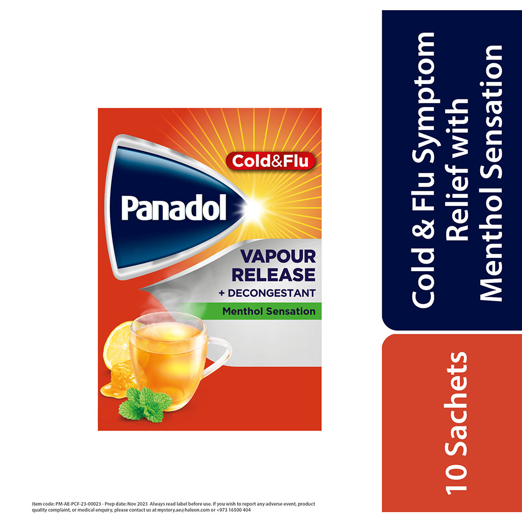 Panadol, Cold and Flu Vapour Release + Decongestant Sachets, Hot lemon and honey flavor for cold relief, 10 sachets