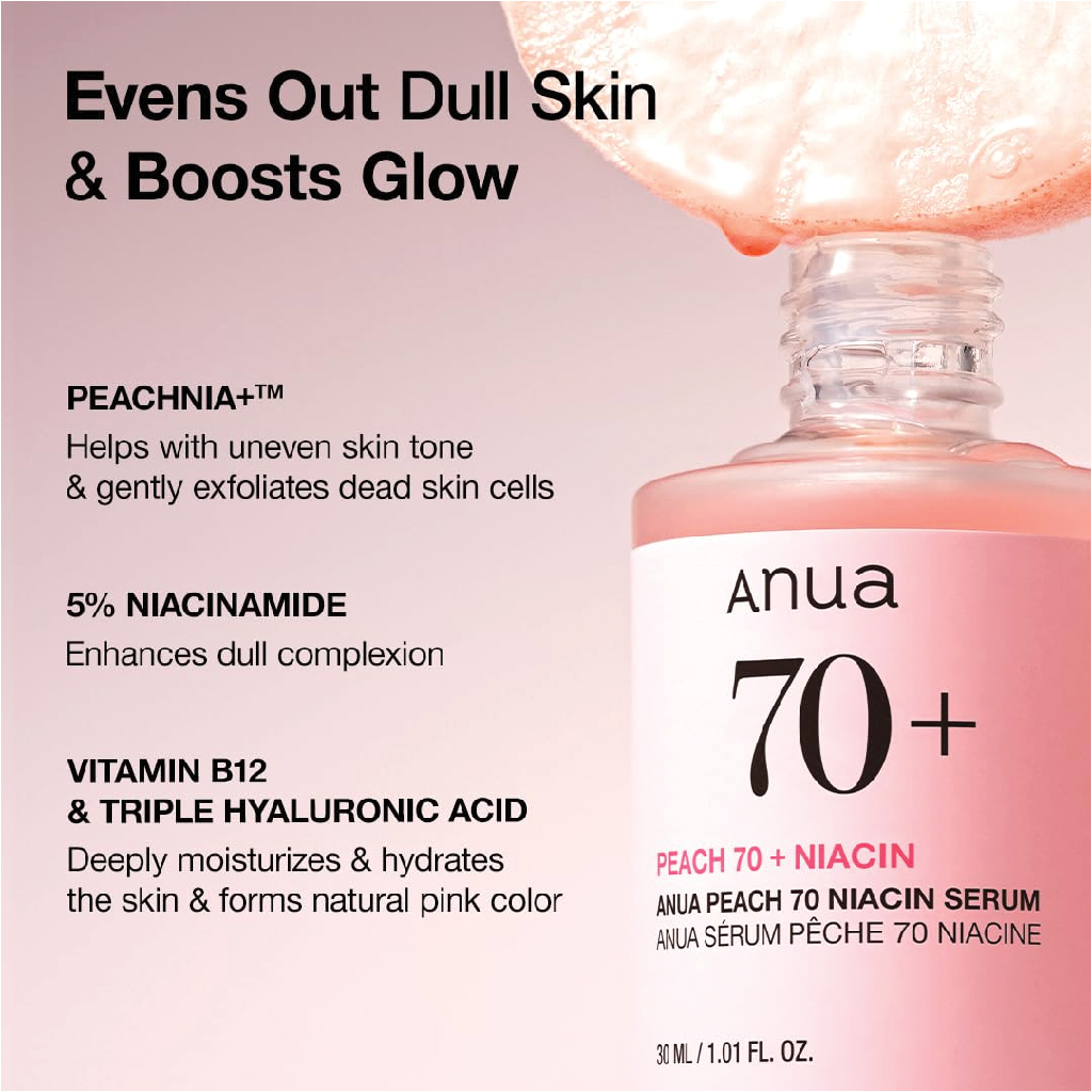 Anua, Niacinamide 70% Peach Serum, High concentration niacinamide serum with peach extract, 30ml