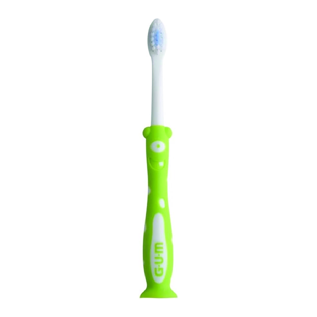 GUM, Monster Kids Soft Toothbrush with Suction Cup, Soft bristle toothbrush for children aged 3-6 years