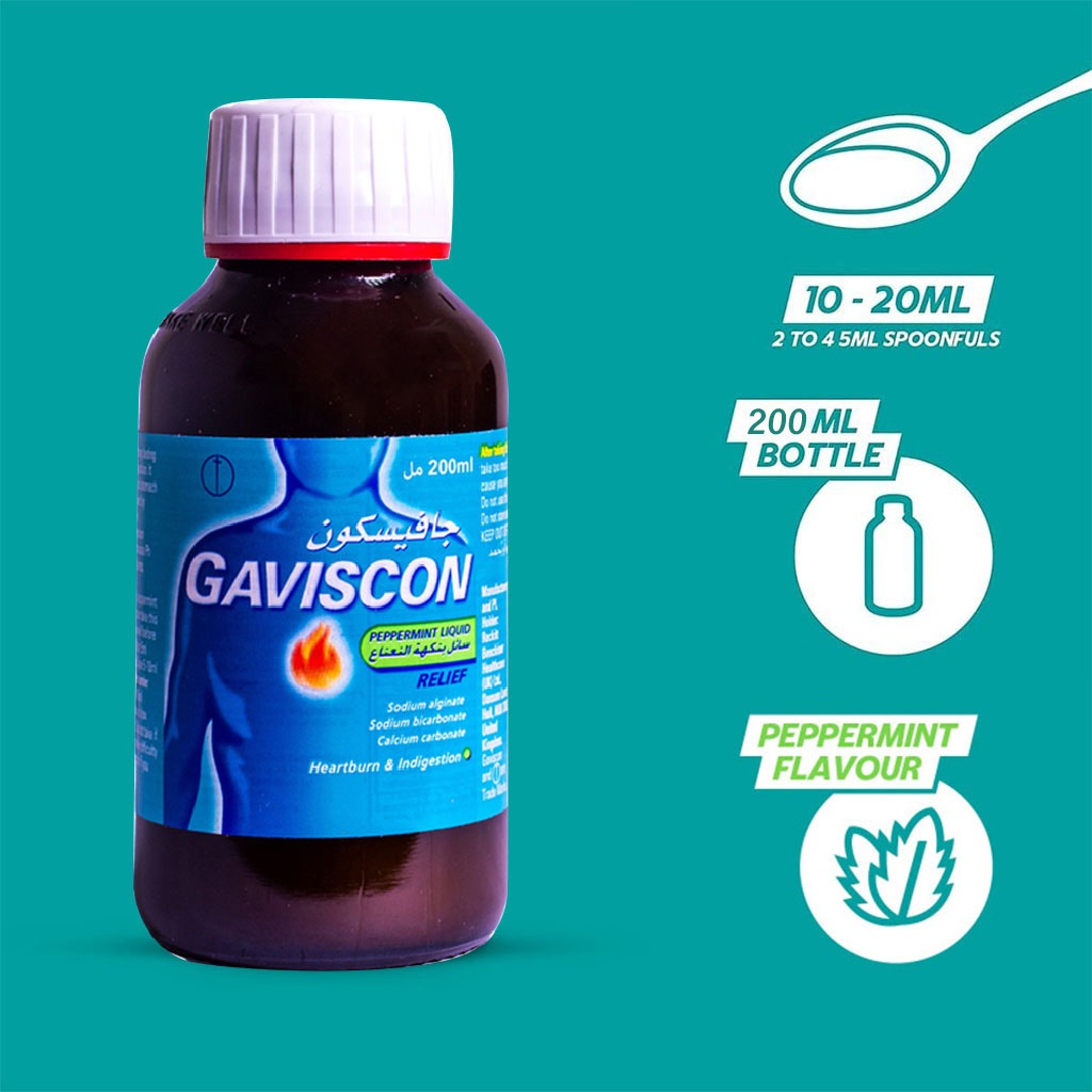 Gaviscon, Liquid for Indigestion and Heartburn Peppermint Flavour, Fast relief of acid reflux and heartburn, 200 ml