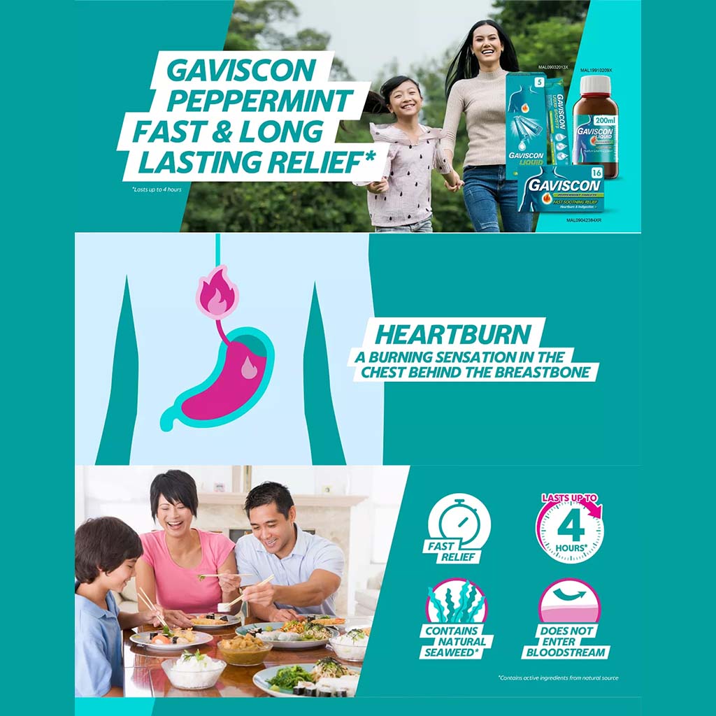 Gaviscon, Liquid for Indigestion and Heartburn Peppermint Flavour, Fast relief of acid reflux and heartburn, 200 ml
